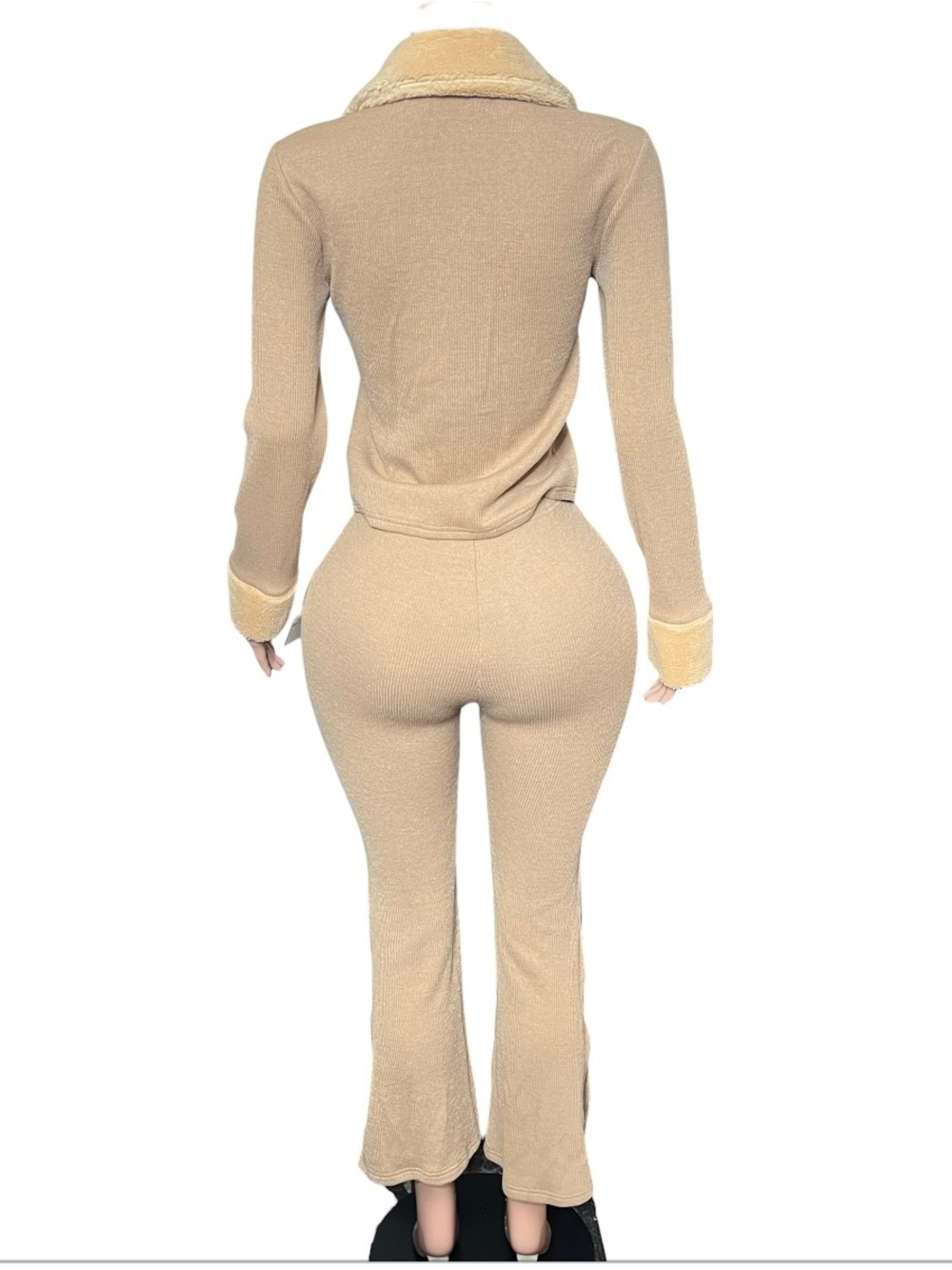 Beige Zip-Front Two-Piece Pantsuit with Faux Fur Trim - Picture 5 of 5